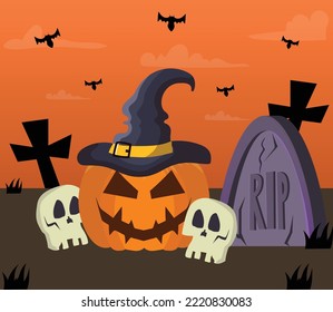 calabaza con sombrero de bruja con sepultura, murciélagos y cráneos
