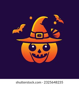pumpkin wearing witch hat on hallowen isolated poster material isolated in dark purple baclground