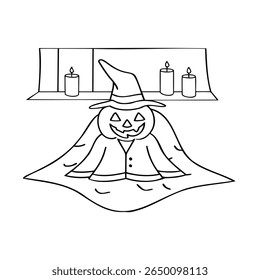 A pumpkin wearing a wizard hat robe with candles halloween
