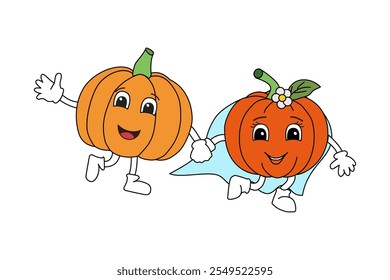 Pumpkin wedding. Funny cartoon characters drawn by hand.