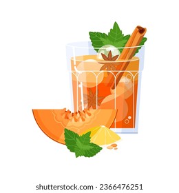Pumpkin whiskey smash cocktail isolated on white background. Fall alcohol drink with ice, pumpkin syrup and spices, cinnamon stick, lemon and star anise. Autumn beverage vector illustration svg