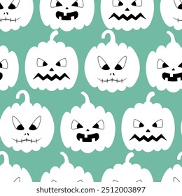 Abóbora. Símbolos brancos de Halloween. Silhuetas fantasmagóricas de legumes com diferentes grimaces. Padrão de vetor contínuo. Repetindo o ornamento de Halloween em um fundo verde. Estilo plano. Jack-o'-lanterna. 