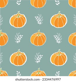 Pumpkin and white leaves, sage background seamless pattern.  Perfect for fabric, scrapbooking, wallpaper projects and paper products.