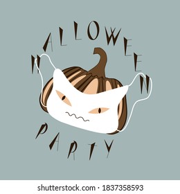 Pumpkin in a white mask with eyes and a smile, surrounded by the inscription Halloween Party on a light turquoise background. Creative idea for Halloween party postcard banner poster during pandemic