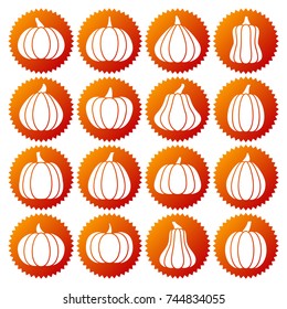Pumpkin white silhouette icon set. Monochrome flat design symbol collection. Simple graphic pictogram pack. Logo, web, print, label, infographic, business, banner, sticker concept. Vector illustration