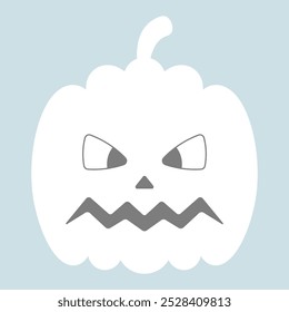 Pumpkin. White silhouette. Sinister expression. Vector illustration. Isolated blue background. Flat style. Faded angry vegetable. Halloween symbol. Idea for web design