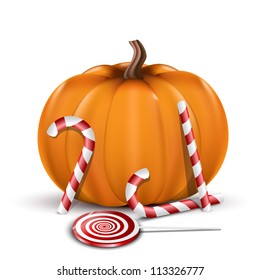 Pumpkin width candy around it isolated on white. Realistic vector illustration.