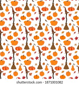 Pumpkin with witch broom seamless pattern on the white background. Vector illustration