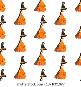 Pumpkin with witch broom seamless pattern on the white background. Vector illustration