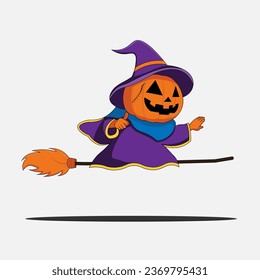 Pumpkin witch flying with broomstick