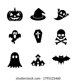 pumpkin, witch, ghost, bat, tombstone, castle, skull icon symbol design flat vector on white background