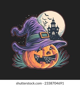 pumpkin witch in halloween night illustration for tshirt design, logo, or stickers