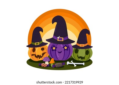 Pumpkin witch halloween party celebration vector. Vegetable with scary and mystic face wearing hag hat. Sweet candy, mushroom and bone. Celebrative decoration flat cartoon illustration