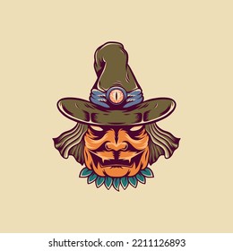 Pumpkin WItch Halloween Retro Illustration