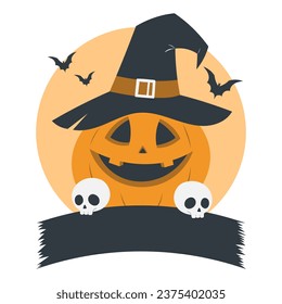 pumpkin with witch hat badge banner