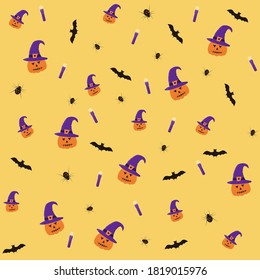 Pumpkin in witch hat and bat on a seamless halloween pattern.