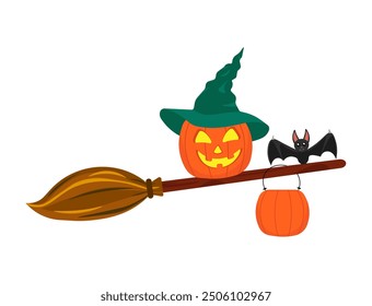 Pumpkin in a witch hat and a bat on a broomstick with a bucket in Halloween