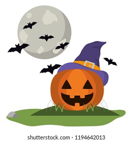 Pumpkin with witch hat and bats