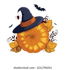 Pumpkin with witch hat and bats. Cartoon isolated vector illustration for Нalloween 