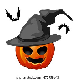 Pumpkin in a witch hat and bats isolated on white background. The attributes of the holiday Halloween. Vector illustration.