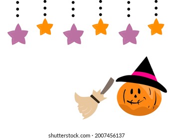 Pumpkin with witch hat and a broom aside, on a white background