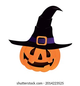 Pumpkin in a witch hat for Halloween in cartoon style on a white background. Festive vector illustration. The holiday of Halloween.A holiday card