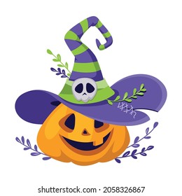 Pumpkin with witch hat for Halloween. Cartoon vector illustration