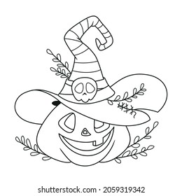 Pumpkin With Witch Hat For Halloween Coloring Page. Outline Cartoon Vector Illustration