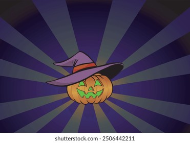 Pumpkin with witch hat Halloween Jack o lantern with purple and black rays background.