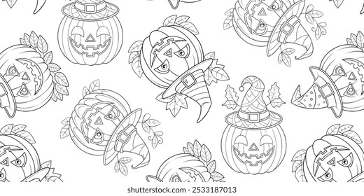 Pumpkin and witch hat Halloween repeating pattern, for seasonal textile designs, gift wraps, digital backgrounds