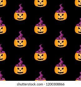 Pumpkin in a witch hat. Halloween. Vector illustration on black background. Seamless pattern. Flat design style. Swatch inside