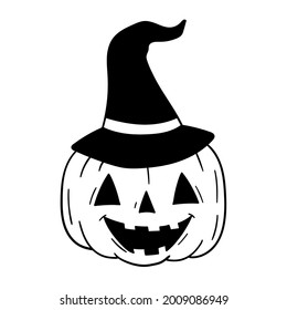 Pumpkin Witch Hat. Happy Halloween. Line vector illustration.  Isolated on white background. Vector hand drawn illustration. Good for posters, t shirts, postcards.