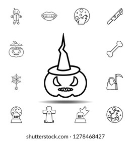 Pumpkin with witch hat icon. Simple outline vector element of Halloween icons set for UI and UX, website or mobile application
