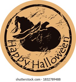 Pumpkin in witch hat icon vector shabby emblem design old retro style. Happy Halloween poster vintage grunge sign. Shape image on craft paper. Classic traditional symbol of Halloween. All Saints' Eve