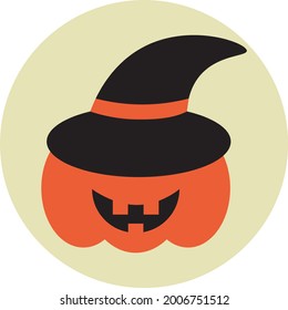 Pumpkin with witch hat, illustration, vector on a white background.