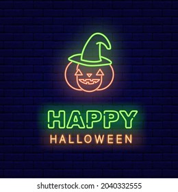 Pumpkin with witch hat neon item. Happy Halloween concept. Night bright signboard. Outer glowing effect banner. Editable stroke. Isolated vector stock illustration