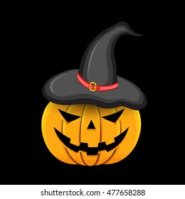 Pumpkin with witch hat on head on black background poster.