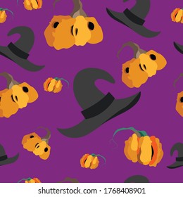 Pumpkin and witch hat on a purple background