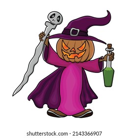 Pumpkin Witch Holding Sword Bone Skull and Poison Halloween Cartoon Vector Icon Illustration. Horror Mascot Concept Isolated Premium Vector. Flat Cartoon Style