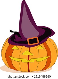 Pumpkin in a witches hat on a white background.
