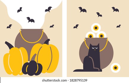 Pumpkin, witch's cauldron, black cat and bats. Cartoon style. Halloween vector banners illustration in geometric flat style. Happy Halloween poster set. Party Happy Halloween print.