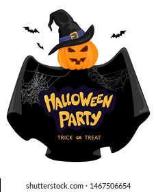 Pumpkin in a witch's hat with black dust and cobwebs. Bats and handwriting, lettering. Vector isolate on white background. Halloween party. Helloween