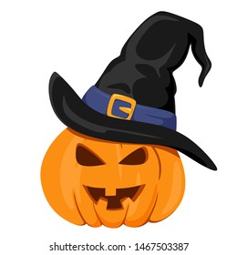 Pumpkin with a witch's hat. Happy Halloween. Vector isolate on white background. Helloween