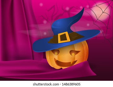 the pumpkin in the witch's hat lies among the fabric draperies in the background of the cemetery vector EPS 10