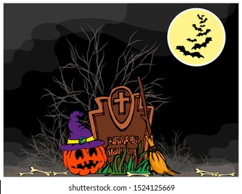 Pumpkin in a witch's hat near the grave with bones scattered around. The full moon shines in the night sky. Against the background of the moon, a flock of bats flies. Vector illustration