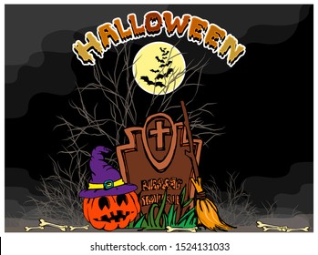 Pumpkin in a witch's hat near the grave with bones scattered around. The full moon shines in the night sky. Above is the inscription - Halloween. Vector illustration