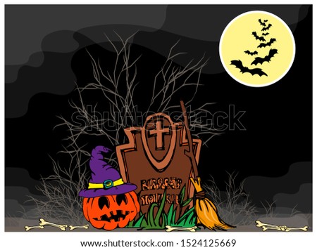 Pumpkin in a witch's hat near the grave with bones scattered around. The full moon shines in the night sky. Against the background of the moon, a flock of bats flies. Vector illustration