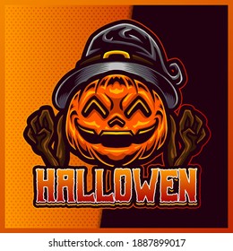 Pumpkin Wizard esport and sport mascot logo design with modern illustration concept for team, badge, emblem and t-shirt printing. halloween illustration on isolated background. Premium Vector