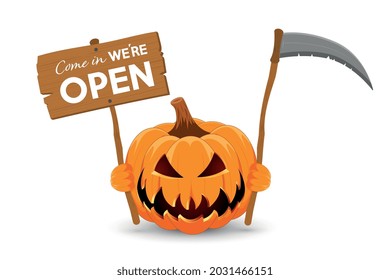 Pumpkin with a wooden banner and scythe on a white background. The main symbol of the holiday is Halloween. Orange pumpkin with a smile. Vector illustration