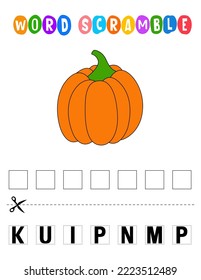 Pumpkin Word scramble . Educational game for kids. English language spelling worksheet for preschool children.
